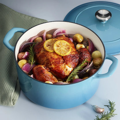 5.5 QT Covered round Dutch Oven - Cast Iron - S1000 - Porcelain - Medium Blue - Stainless Steel - Gourmet 80131/036DS