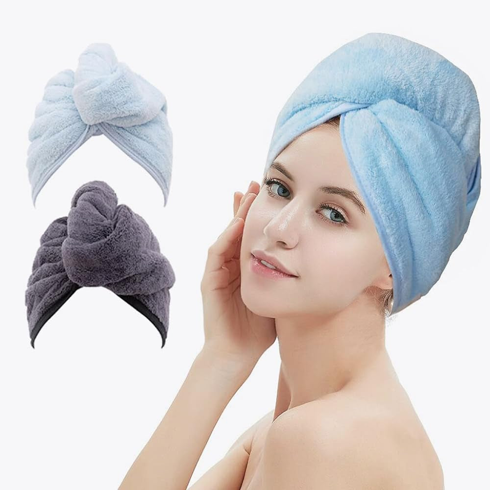 2 Pack Hair Drying Towels, Hair Towel Wrap,Absorbent Microfiber Hair Towel Turban with Button Design to Dry Hair More Quicker(Dark Gray& Blue)