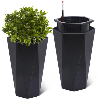 23" Tall Planters Set of 2, Outdoor＆Indoor Planter Pots, High Front Porch Planter Pots with Drainage Holes＆Water Level Monitor＆Inner Bucket, Automatic Watering, Convenience Instill, Black