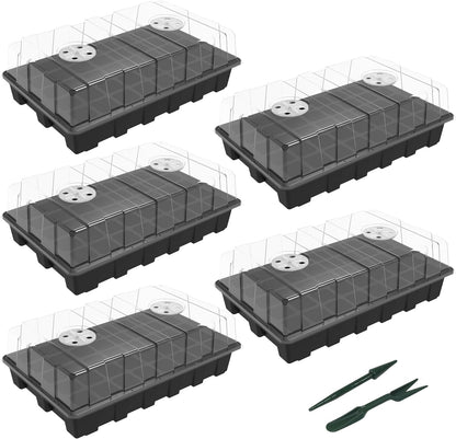 5-Set Seed Starter Tray Kits, Durable Plant Germination Trays with Humidity Vented Domes and Bases, Ideal for Seed Starting, Indoor Gardening, and Greenhouse (Total 200 Cells)