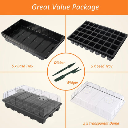 5-Set Seed Starter Tray Kits, Durable Plant Germination Trays with Humidity Vented Domes and Bases, Ideal for Seed Starting, Indoor Gardening, and Greenhouse (Total 200 Cells)