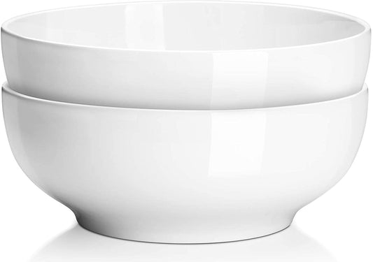 Serving Bowls, Large Salad Bowls, 9.5" White Ceramic Fruit Bowls for Entertaining, Side Dishes, Pho, Pasta, Dinner Parties, Kitchen Decor, Microwave & Dishwasher Safe, Easy Clean