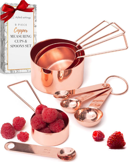 Copper Measuring Cups and Spoons Set – 8-Piece Stackable Stainless Steel Metal Measuring Utensils – Stylish and Sturdy Rose Gold Kitchen Accessories for Baking and Cooking