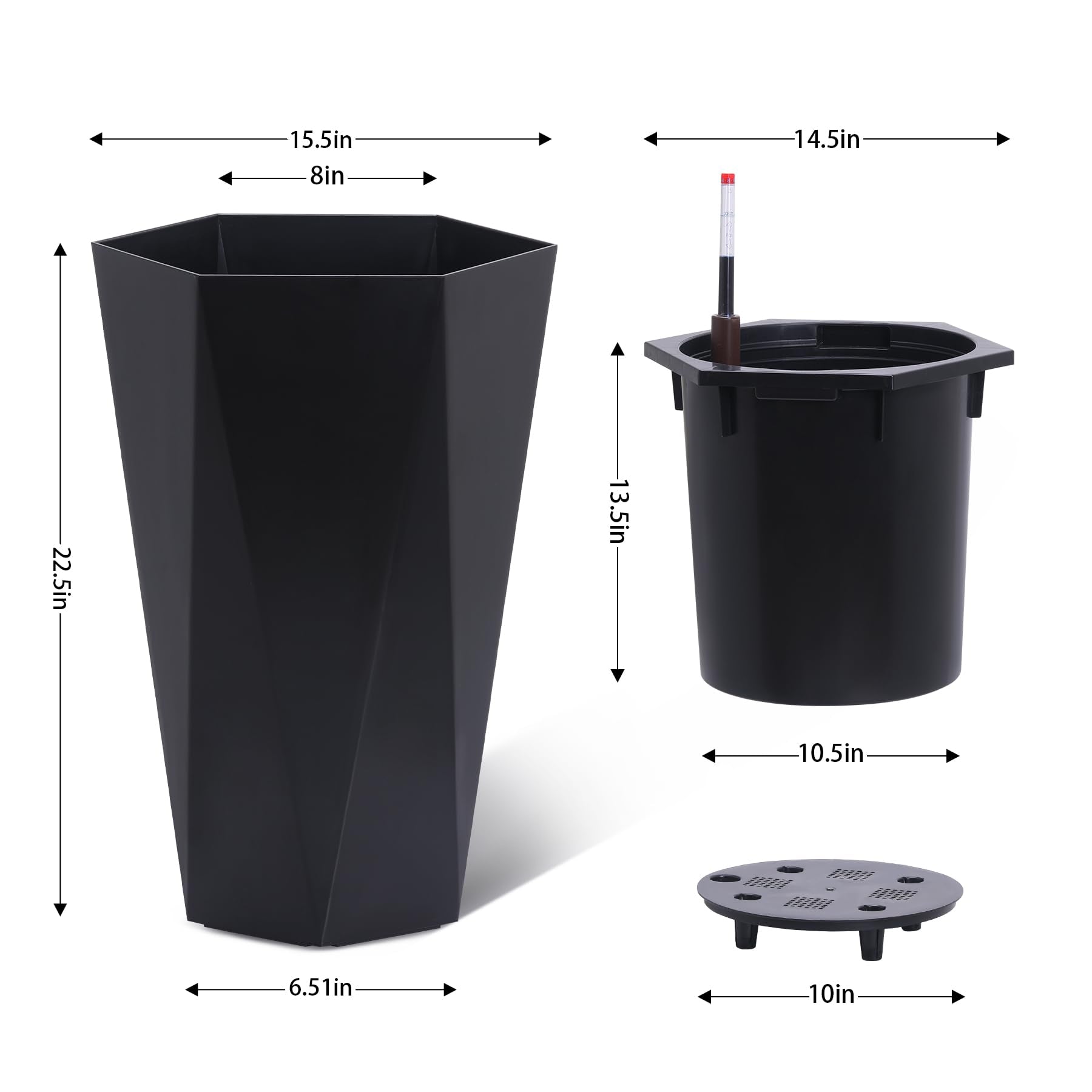 23" Tall Planters Set of 2, Outdoor＆Indoor Planter Pots, High Front Porch Planter Pots with Drainage Holes＆Water Level Monitor＆Inner Bucket, Automatic Watering, Convenience Instill, Black